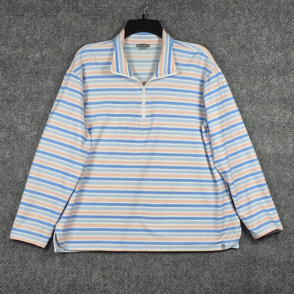 T by Talbots Women XLP Pullover Top Blue Pink Striped Quarter Zip Cotton Blend